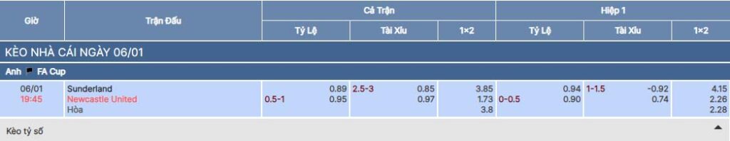 Soi kèo nhà cái bsport trận Sunderland vs Newcastle